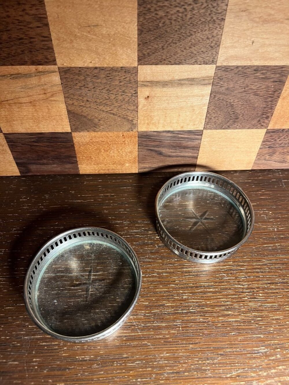 Pair of Silver Toned Glass with Star Coasters A1070